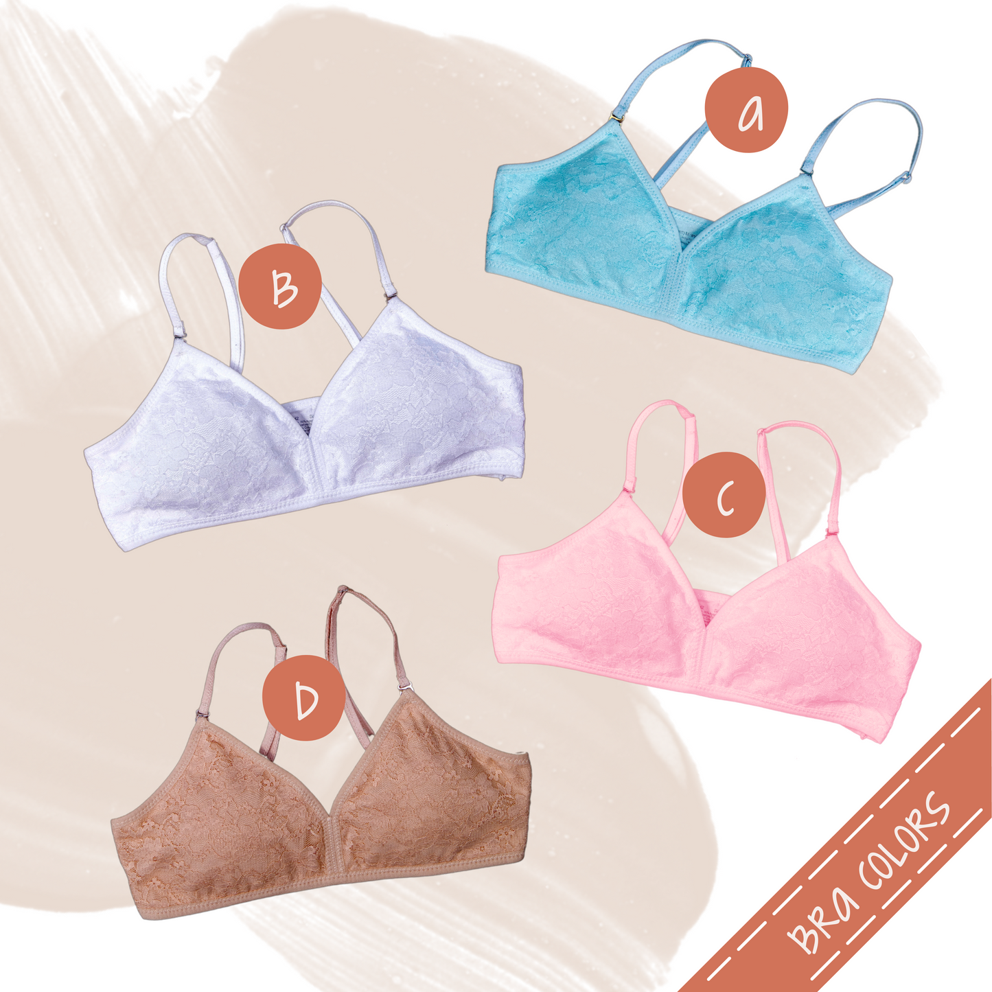 Grid of Grace T-Shirt Bra Color Options (top to bottom): (a) Sea Blue, (b) White, (c) Pink, (d) Barefoot Beige.