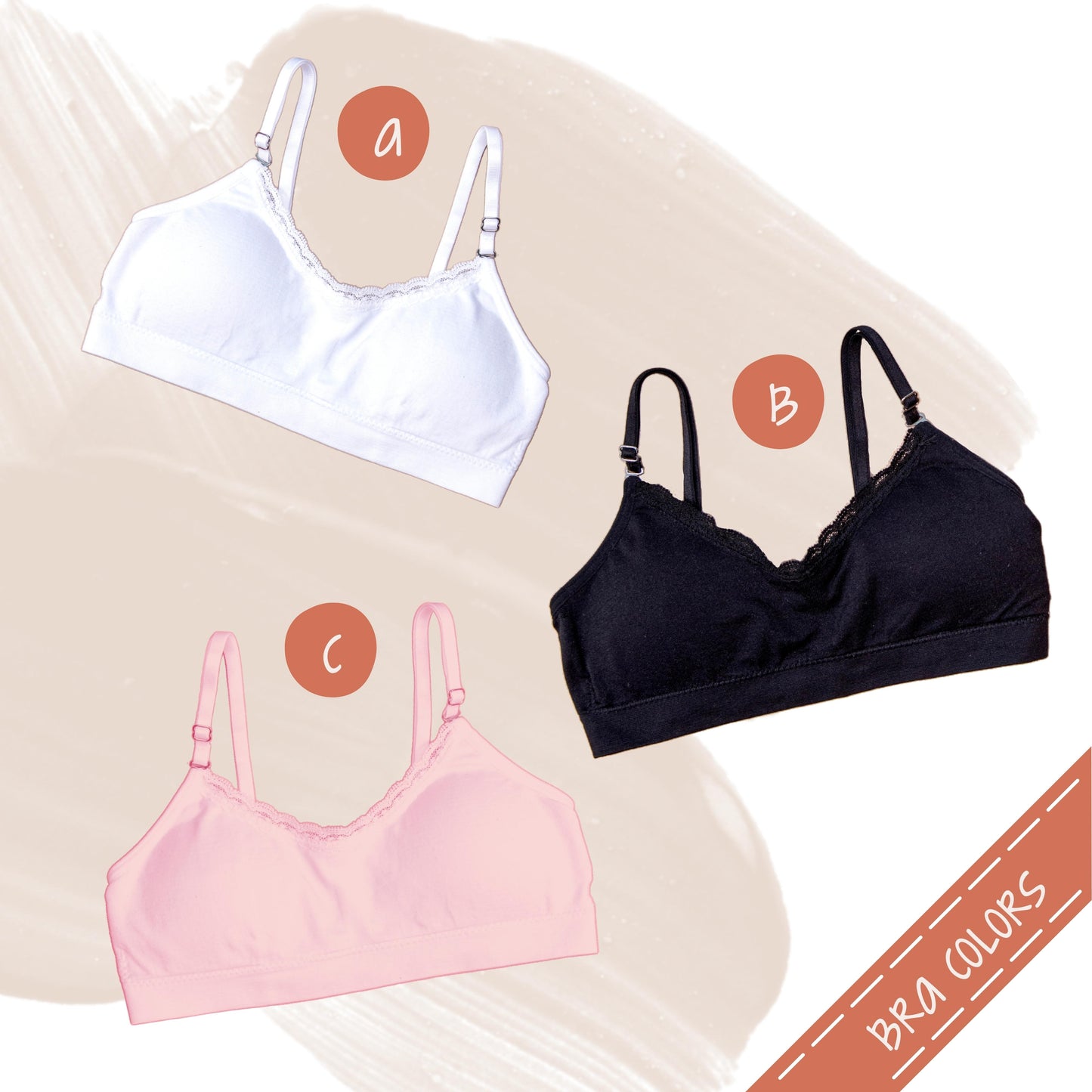 Grace T-Shirt Bra Color Options (top to bottom): (a) White, (b) Black, (c) Pink Lip Gloss.