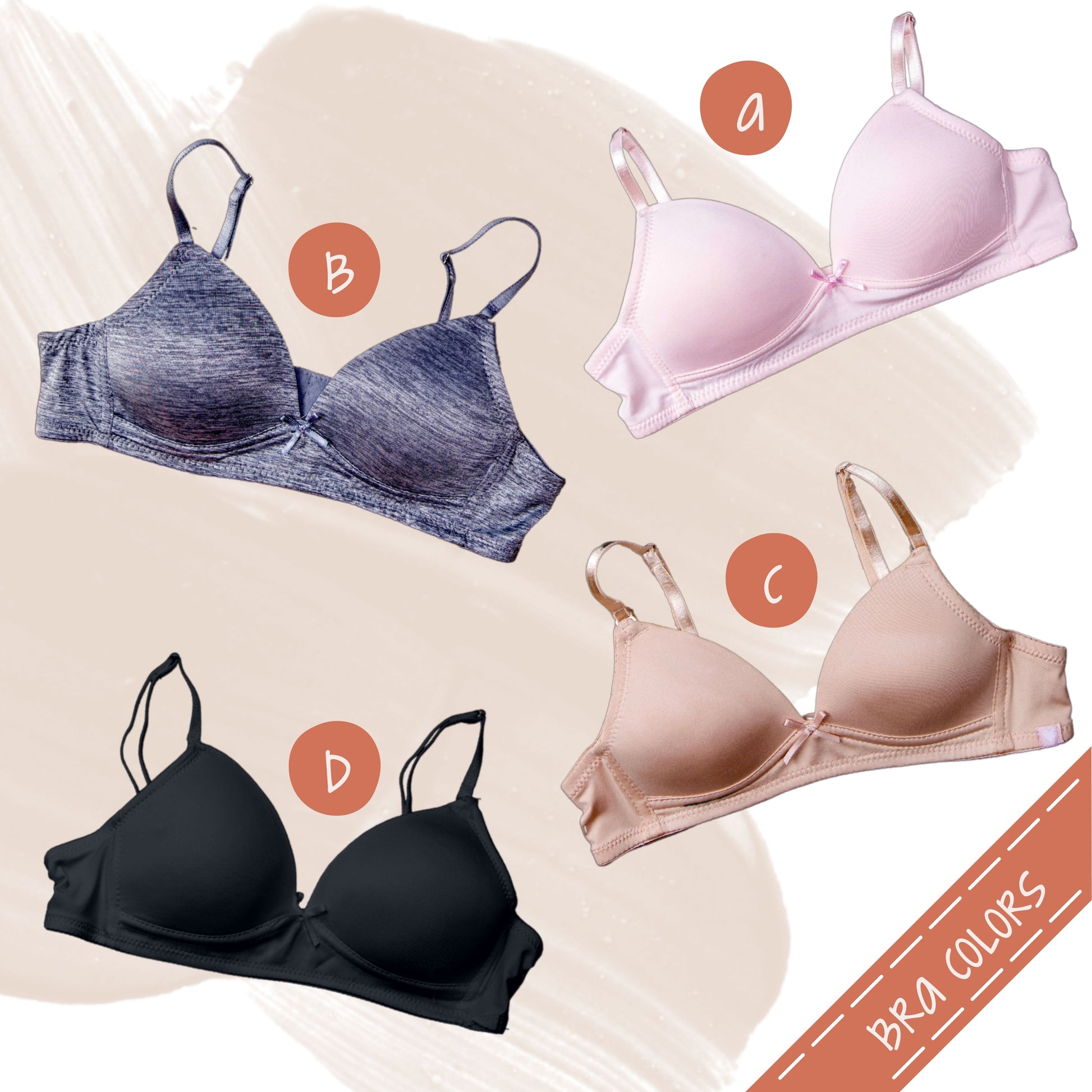 Grid of McKenna Bra Color Options (top to bottom): (a) Petal Pink, (b) Heather Grey, (c) Barefoot Beige, (d) Black