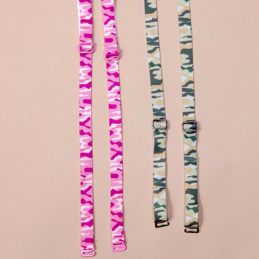 2  sets of interchangeable her-rah bra straps in camouflage pattern, one in pink camo, the other in green camo.