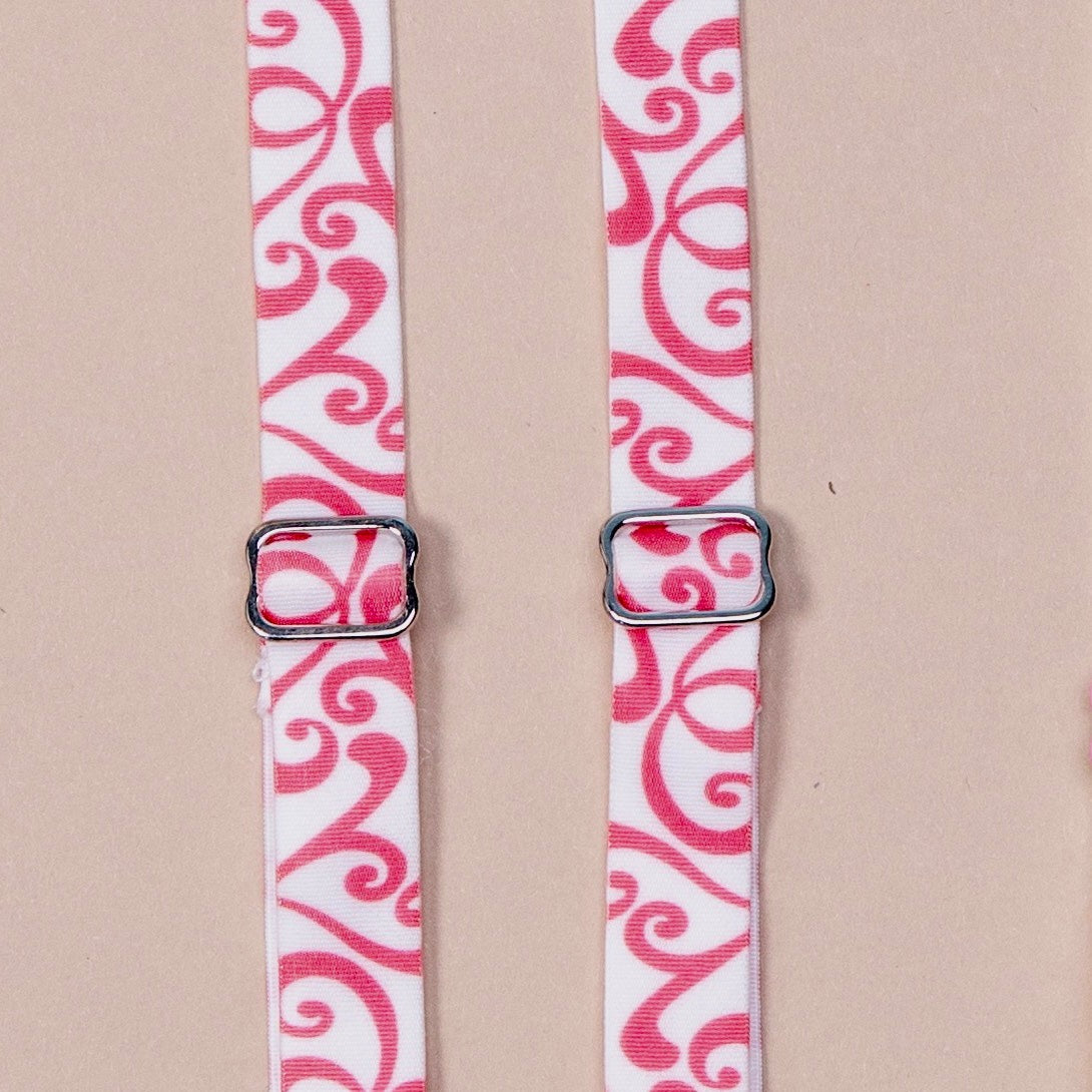 Rock'n Red Her-Rah Straps - white straps with red swirling pattern.