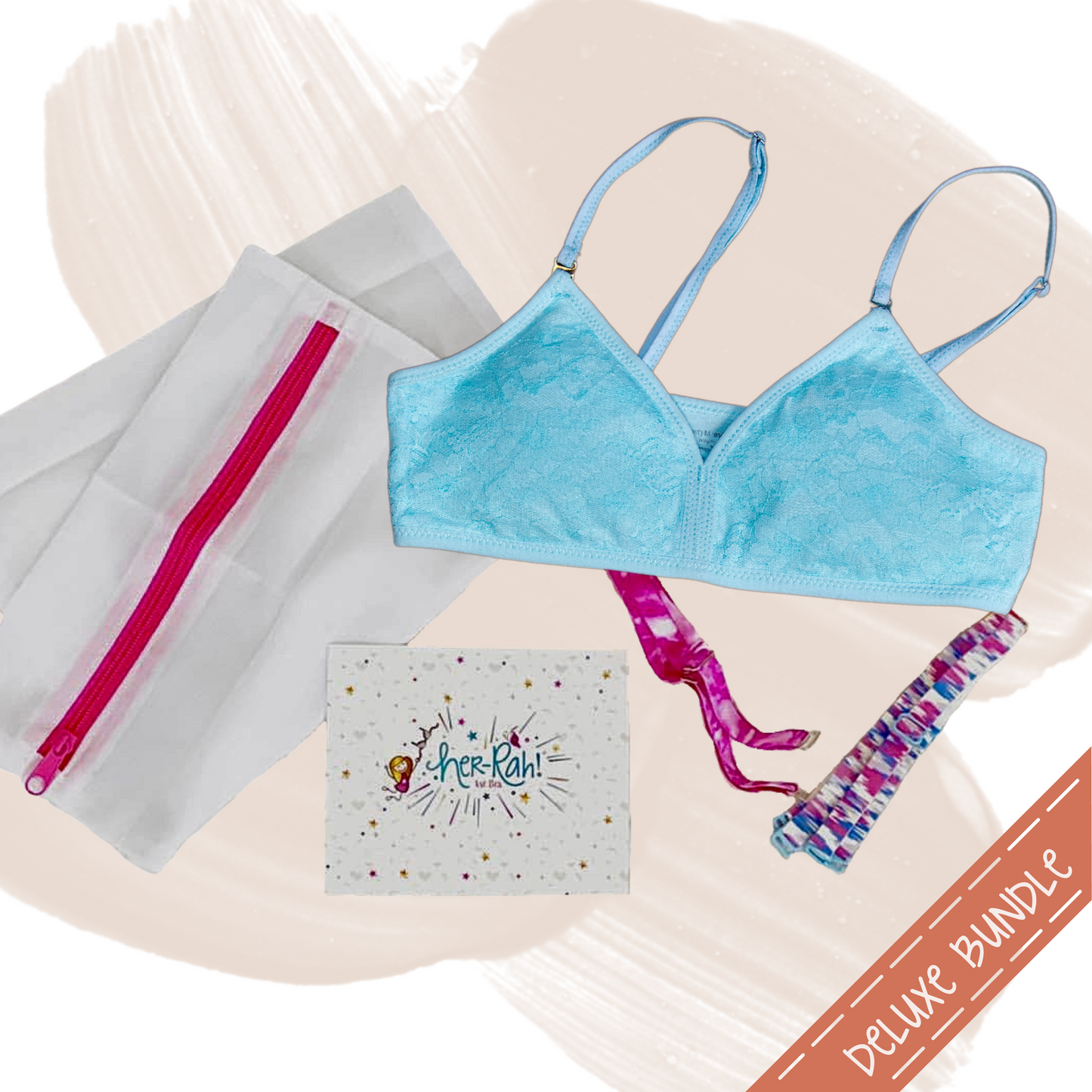  The Deluxe Bra Bundle includes 1 Bra, 2 additional sets of our detachable & interchangeable straps and 1 mesh laundry bag. All items come carefully packed into a gift box with our signature pink bow and card from the Her-Rah! Team to celebrate!
