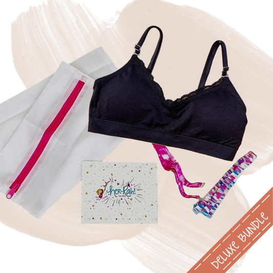 The Deluxe Bra Bundle includes 1 Bra, 2 additional sets of our detachable & interchangeable straps and 1 mesh laundry bag. All items come carefully packed into a gift box with our signature pink bow and card from the Her-Rah! Team to celebrate!