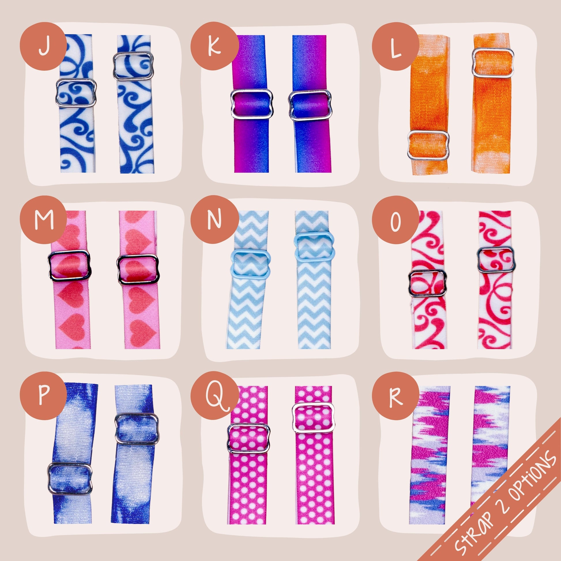 Grid of Strap 2 Options (from left to right, top to bottom): (j) Rollin' Blue, (k) Galaxy Ombre, (L) Clementine Tie-Dye, (m) Sweet Heart, (n) Baby Blue Chevron, (o) Rockin' Red, (p) Blueberry Tie-Dye, (Q) Strawberry Polka, (r) 3-D Static.
