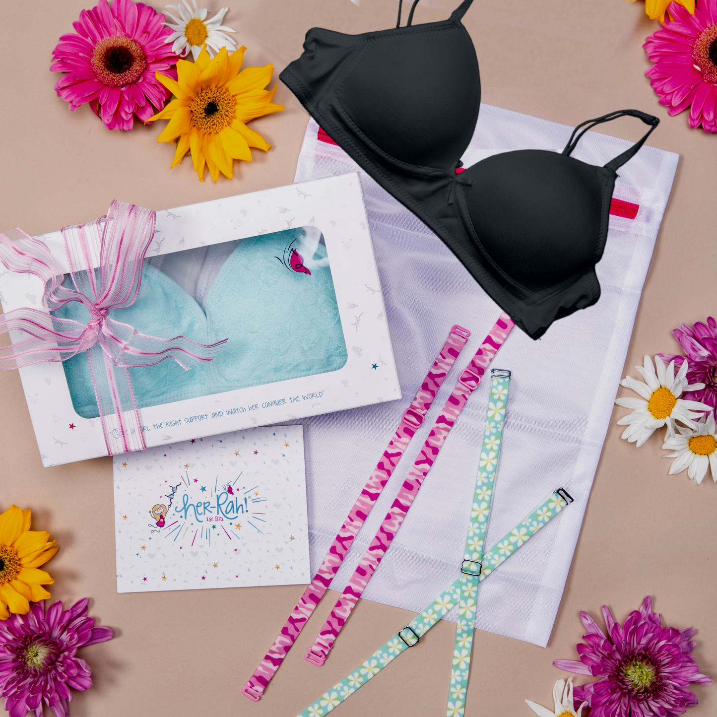 The Deluxe Bra Bundle includes 1 Bra, 2 additional sets of our detachable & interchangeable straps and 1 mesh laundry bag. All items come carefully packed into a gift box with our signature pink bow and card from the Her-Rah! Team to celebrate!