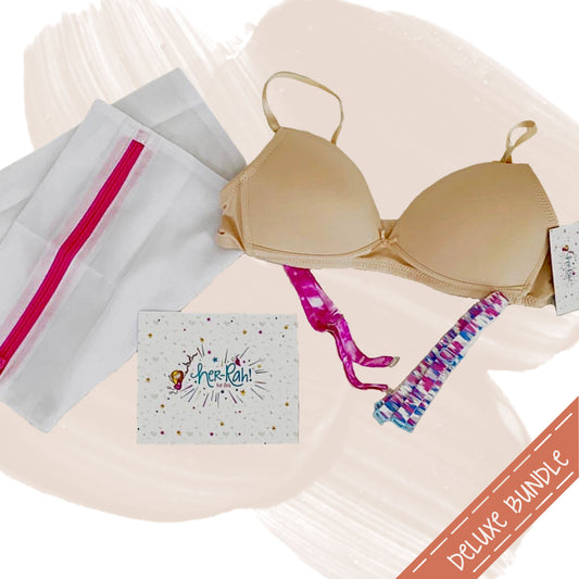 The Deluxe Bra Bundle includes 1 Bra, 2 additional sets of our detachable & interchangeable straps and 1 mesh laundry bag. All items come carefully packed into a gift box with our signature pink bow and card from the Her-Rah! Team to celebrate!