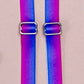Galaxy ombre - royal blue fading into bright purple split down the length of the strap, featuring silver metal hardware.